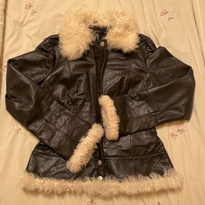 Black leather jacket with fur collar and cuffs